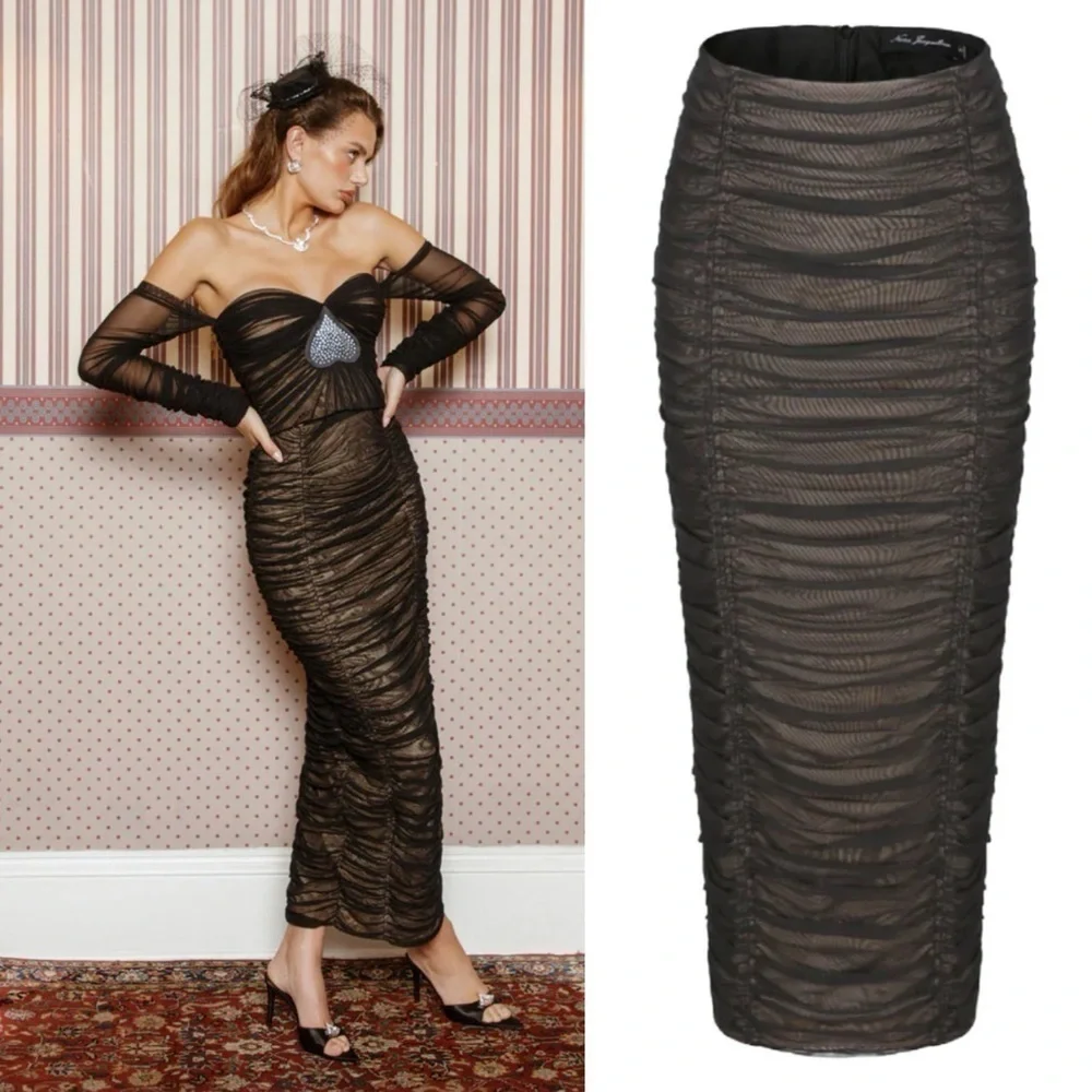 NEW! Nana Jacquline- High Waisted Lined Mesh Black Vanessa Silk Maxi Skirt M